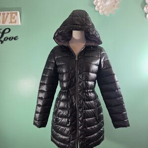Kenneth Cole Women's Shiny Black Hooded Puffer Jacket Size S